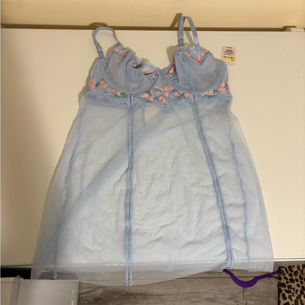 Auden Lingere dress XL blue floral sheer underwire